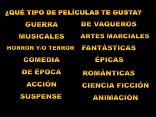 ¿qué tipo de películas te gusta?De vaquerosGuerraMusicales Artes marcialesFantásticasHorror y/o terrorComediaÉpicasDe épocaRománticasAcciónCiencia ficciónSuspenseAnimación
