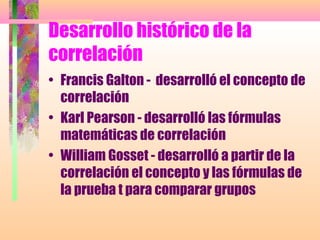 Desarrollo histórico de la
correlación
• Francis Galton - desarrolló el concepto de
correlación
• Karl Pearson - desarrolló las fórmulas
matemáticas de correlación
• William Gosset - desarrolló a partir de la
correlación el concepto y las fórmulas de
la prueba t para comparar grupos
 