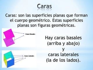 Caras: son las superficies planas que forman
el cuerpo geométrico. Estas superficies
planas son figuras geométricas.
Hay caras basales
(arriba y abajo)
y
caras laterales
(la de los lados).