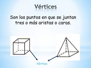 Vértice
Son los puntos en que se juntan
tres o más aristas o caras.