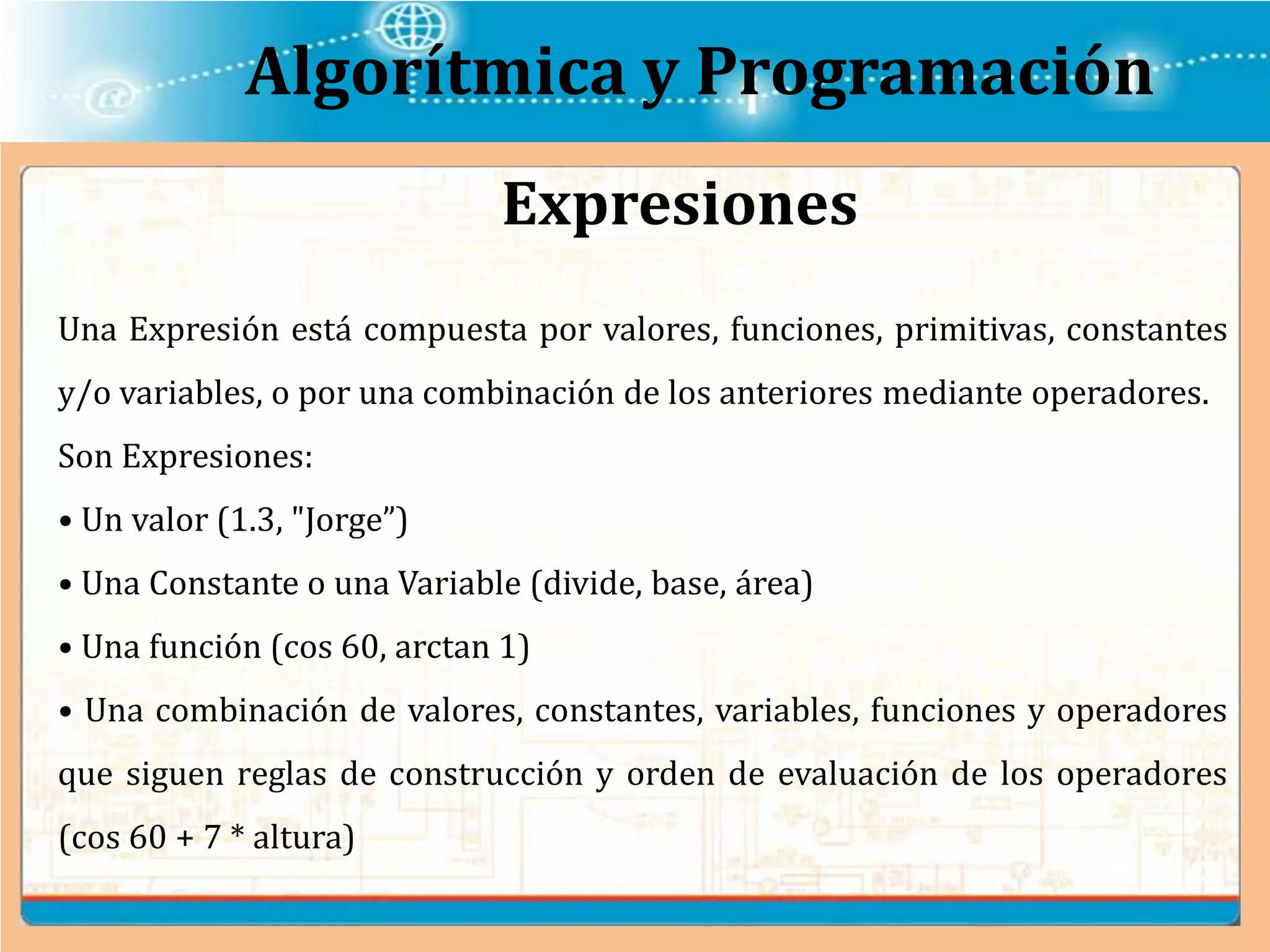 Algorítmica y Programación
Una Expresión está compuesta por valores, funciones, primitivas, constantes
y/o variables, o por una combinación de los anteriores mediante operadores.
Son Expresiones:
• Un valor (1.3, "Jorge”)
• Una Constante o una Variable (divide, base, área)
• Una función (cos 60, arctan 1)
• Una combinación de valores, constantes, variables, funciones y operadores
que siguen reglas de construcción y orden de evaluación de los operadores
(cos 60 + 7 * altura)
Expresiones
 