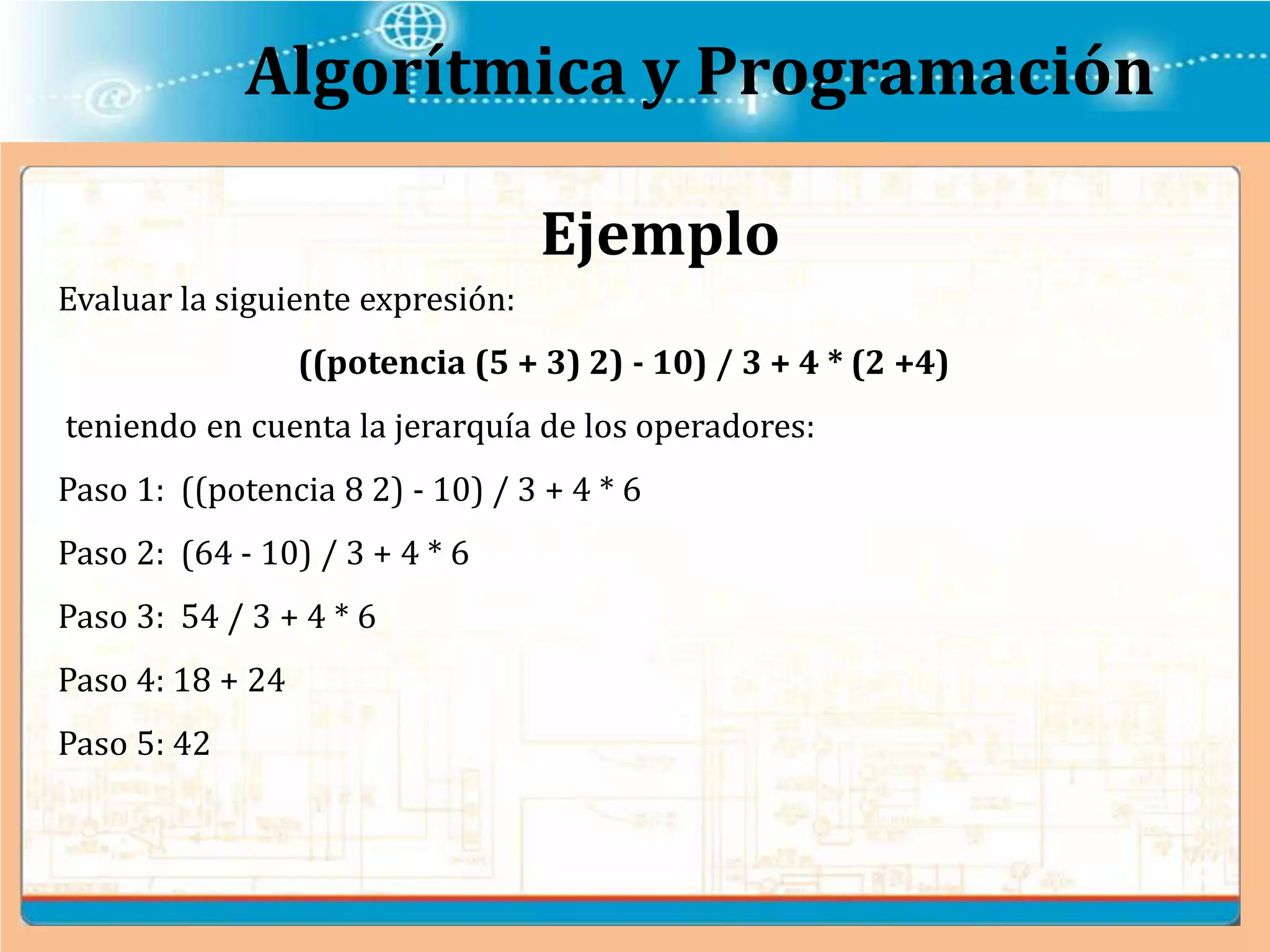Algorítmica y Programación
Evaluar la siguiente expresión:
((potencia (5 + 3) 2) - 10) / 3 + 4 * (2 +4)
teniendo en cuenta la jerarquía de los operadores:
Paso 1: ((potencia 8 2) - 10) / 3 + 4 * 6
Paso 2: (64 - 10) / 3 + 4 * 6
Paso 3: 54 / 3 + 4 * 6
Paso 4: 18 + 24
Paso 5: 42
Ejemplo
 