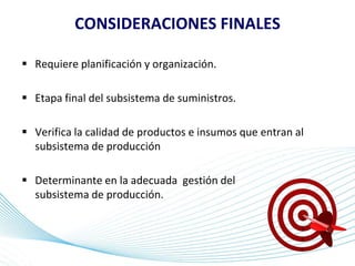 Page 19
 Requiere planificación y organización.
 Etapa final del subsistema de suministros.
 Verifica la calidad de productos e insumos que entran al
subsistema de producción
 Determinante en la adecuada gestión del
subsistema de producción.
CONSIDERACIONES FINALES
 