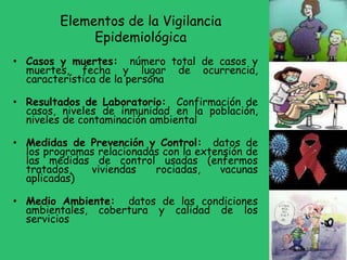 Elementos de la Vigilancia
Epidemiológica
• Casos y muertes: número total de casos y
muertes, fecha y lugar de ocurrencia,
característica de la persona
• Resultados de Laboratorio: Confirmación de
casos, niveles de inmunidad en la población,
niveles de contaminación ambiental
• Medidas de Prevención y Control: datos de
los programas relacionadas con la extensión de
las medidas de control usadas (enfermos
tratados, viviendas rociadas, vacunas
aplicadas)
• Medio Ambiente: datos de las condiciones
ambientales, cobertura y calidad de los
servicios
 