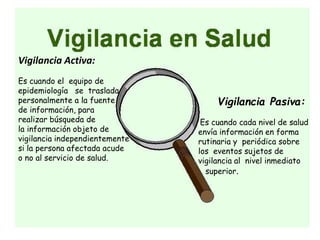 Vigilancia Pasiva:
Es cuando cada nivel de salud
envía información en forma
rutinaria y periódica sobre
los eventos sujetos de
vigilancia al nivel inmediato
superior.
Vigilancia Activa:
Es cuando el equipo de
epidemiología se traslada
personalmente a la fuente
de información, para
realizar búsqueda de
la información objeto de
vigilancia independientemente
si la persona afectada acude
o no al servicio de salud.
 