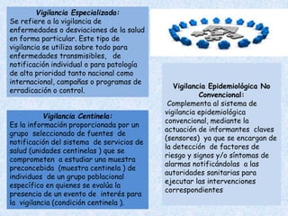 Vigilancia Epidemiológica No
Convencional:
Complementa al sistema de
vigilancia epidemiológica
convencional, mediante la
actuación de informantes claves
(sensores) ya que se encargan de
la detección de factores de
riesgo y signos y/o síntomas de
alarmas notificándolas a las
autoridades sanitarias para
ejecutar las intervenciones
correspondientes
Vigilancia Especializada:
Se refiere a la vigilancia de
enfermedades o desviaciones de la salud
en forma particular. Este tipo de
vigilancia se utiliza sobre todo para
enfermedades transmisibles, de
notificación individual o para patología
de alta prioridad tanto nacional como
internacional, campañas o programas de
erradicación o control.
Vigilancia Centinela:
Es la información proporcionada por un
grupo seleccionado de fuentes de
notificación del sistema de servicios de
salud (unidades centinelas ) que se
comprometen a estudiar una muestra
preconcebida (muestra centinela ) de
individuos de un grupo poblacional
específico en quienes se evalúa la
presencia de un evento de interés para
la vigilancia (condición centinela ).
 
