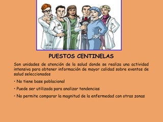 PUESTOS CENTINELAS
Son unidades de atención de la salud donde se realiza una actividad
intensiva para obtener información de mayor calidad sobre eventos de
salud seleccionados
• No tiene base poblacional
• Puede ser utilizada para analizar tendencias
• No permite comparar la magnitud de la enfermedad con otras zonas
 