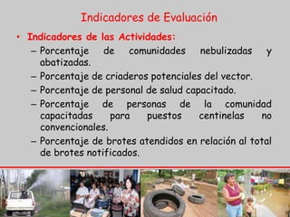 Indicadores de Evaluación
• Indicadores de las Actividades:
– Porcentaje de comunidades nebulizadas y
abatizadas.
– Porcentaje de criaderos potenciales del vector.
– Porcentaje de personal de salud capacitado.
– Porcentaje de personas de la comunidad
capacitadas para puestos centinelas no
convencionales.
– Porcentaje de brotes atendidos en relación al total
de brotes notificados.
 