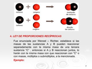 7
4. LEY DE PROPORCIONES RECÍPROCAS
Fue enunciada por Wenzel – Richter, establece si las
masas de las sustancias A y B pueden reaccionar
separadamente con la misma masa de una tercera
sustancia “C” , entonces si A y B reaccionan juntos, lo
harán con la misma masa con que reaccionan con “C” o
con masas, múltiplos o submúltiplos, a la mencionada.
Ejemplo:
 