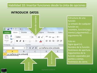 Habilidad 10: Insertar funciones desde la cinta de opciones

 INTRODUCIR DATOS




                             Cuadro de nombre
                                                                                 Estructura de una
                                                                                 función
                                                                                 La sintaxis de cualquier
                                                                                 función es:
                                                                                 =nombre_función(argu
                                                                                 mento1;argumento2;…;
                                                                                 argumento N)

                                                                                 Esto es:
                                                                                 Signo igual (=).
                                                                                 Nombre de la función.
                                                                                 Paréntesis de apertura.
                                                                                 Argumentos de la
                                                              Barra de fórmula

                                                                                 función separados por
                                                                                 puntos y comas.
                                                                                 Paréntesis de cierre.
              Celda activa




                                                Ing.Danilo Castillo M.                                 15
 