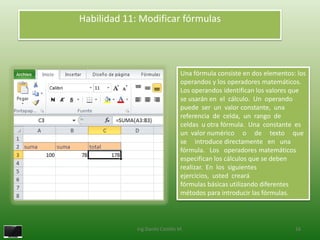 Habilidad 11: Modificar fórmulas




                                 Una fórmula consiste en dos elementos: los
                                 operandos y los operadores matemáticos.
                                 Los operandos identifican los valores que
                                 se usarán en el cálculo. Un operando
                                 puede ser un valor constante, una
                                 referencia de celda, un rango de
                                 celdas u otra fórmula. Una constante es
                                 un valor numérico o de texto que
                                 se introduce directamente en una
                                 fórmula. Los operadores matemáticos
                                 especifican los cálculos que se deben
                                 realizar. En los siguientes
                                 ejercicios, usted creará
                                 fórmulas básicas utilizando diferentes
                                 métodos para introducir las fórmulas.




             Ing.Danilo Castillo M.                                    16
 