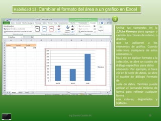 Habilidad 13: Cambiar el formato del área a un grafico en Excel

                                                     1

                                                         Utilice los comandos en la
                                                         1.ficha Formato para agregar o
                                                         cambiar los colores de relleno, o
                                                         diseños
                                                         que se aplicaron a los
                                                         elementos de gráfico. Cuando
                                                         selecciona cualquiera de estos
                                                         elementos y
                                                         hace clic en Aplicar formato a la
                                                         selección, se abre un cuadro de
                                                         diálogo específico para dicho
                                                         elemento. Por ejemplo, si hace
                                                         clic en la serie de datos, se abre
                                                         el cuadro de diálogo Formato
                                                         de
                                                         serie de datos. También puede
                                                         utilizar el comando Relleno de
                                                         forma para rellenar cualquier
                                                         forma
                                                         con colores, degradados y
                                                         texturas.


                            Ing.Danilo Castillo M.                                 18
 