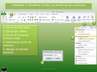 Habilidad 3: Modificar el alto y el ancho de las columnas

       1


                                                               2        3
1. Clic en la ficha Inicio.
2. Clic grupo celdas.
3. Clic en el comando
formato celda.                                          4
4. Seleccionar ancho de
columna.
5. Agregar el tamaño
deseado.


                               5

                               Ing.Danilo Castillo M.               6
 