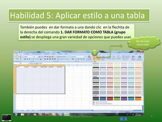 Habilidad 5: Aplicar estilo a una tabla
  También puedes en dar formato a una dando clic en la flechita de
  la derecha del comando 1. DAR FORMATO COMO TABLA (grupo
  estilo) se despliega una gran variedad de opciones que puedes usar.
                                                                        Dar formato
                                                                        como tabla


                                                        1




                               Ing.Danilo Castillo M.                                 9
 