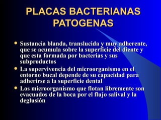 PLACAS BACTERIANAS
          PATOGENAS
   Sustancia blanda, translucida y muy adherente,
    que se acumula sobre la superficie del diente y
    que esta formada por bacterias y sus
    subproductos
   La supervivencia del microorganismo en el
    entorno bucal depende de su capacidad para
    adherirse a la superficie dental
   Los microorganismo que flotan libremente son
    evacuados de la boca por el flujo salival y la
    deglusión
 