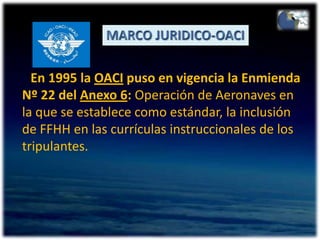 MARCO JURIDICO-OACIEn 1995 la OACI puso en vigencia la Enmienda Nº 22 del Anexo 6: Operación de Aeronaves en la que se establece como estándar, la inclusión de FFHH en las currículasinstruccionales de los tripulantes.