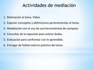 Actividades de mediación
1. Motivación al tema. Video
2. Exponer conceptos y definiciones pertenecientes al tema.
3. Modelación con el uso de una herramientas de computo.
4. Consultas de lo expuesto para aclarar dudas.
5. Evaluación para confrontar con lo aprendido.
6. Entregar de folleto teórico práctico del tema.
 