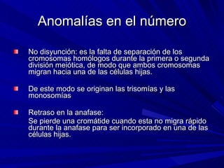 Anomalías en el número <ul><li>No disyunción: es la falta de separación de los cromosomas homólogos durante la primera o s...