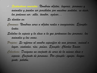 Reconoce el sustantivo y sus clases. Haciendo Caminos    Las palabras que nombran personas, animales y cosas reciben el nombre de sustantivos.    Los sustantivos son palabras que dan nombre a las personas, animales y cosas. Por Ejemplo: casa, Camilo, belleza, perro, etc.Básicamente hay dos clases de sustantivos: Sustantivos abstractos: Son aquellos que no se pueden tocar o percibir mediante los sentidos.Por ejemplo: amistad, generosidad, ira, etc.