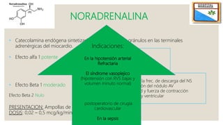 NORADRENALINA
 Catecolamina endógena sintetizada y almacenada en gránulos en las terminales
adrenérgicas del miocardio.
 Efecto alfa 1 potente
 Efecto Beta 1 moderado
PRESENTACION: Ampollas de 4 mg/ 4 ml y de 1 mg/1ml
DOSIS: 0,02 – 0,5 mcg/kg/min
Aumenta la RVP
• Efecto vasoconstrictor
• Aumento de TAS y TAD
• Aumenta la frec. de descarga del NS
• Conducción del nódulo AV
• Velocidad y fuerza de contracción
Auricular y ventricularEfecto Beta 2 Nulo
Indicaciones:
En la hipotensión arterial
Refractaria
El síndrome vasoplejico
(hipotensión con RVS bajas y
volumen minuto normal)
postoperatorio de cirugía
cardiovascular
En la sepsis
 