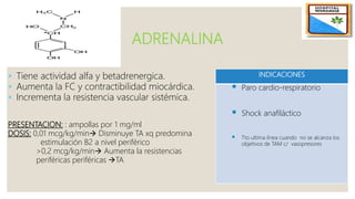 ADRENALINA
 Tiene actividad alfa y betadrenergica.
 Aumenta la FC y contractibilidad miocárdica.
 Incrementa la resistencia vascular sistémica.
PRESENTACION: : ampollas por 1 mg/ml
DOSIS: 0,01 mcg/kg/min Disminuye TA xq predomina
estimulación B2 a nivel periférico
>0,2 mcg/kg/min Aumenta la resistencias
periféricas periféricas TA
INDICACIONES
 Paro cardio-respiratorio
 Shock anafiláctico
 Tto ultima línea cuando no se alcanza los
objetivos de TAM c/ vasopresores
 