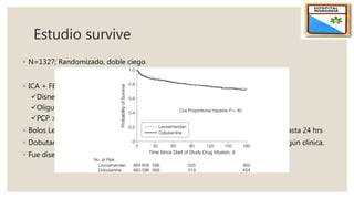Estudio survive
◦ N=1327; Randomizado, doble ciego.
◦ ICA + FE<30%;insuficiente respuesta a diuréticos/vasodilatadores y uno de
Disnea en reposo
Oliguria sin hipovolemia
PCP >18 y/o IC <2,2
◦ Bolos Levosimendan (12mcg/kg) + infusión 0,1 y 0,2 mcg/kg/min en una hora hasta 24 hrs
◦ Dobutamina a 5 mcg/kg/min e incrementando hasta 40 mcg/kg/min y retirar según clínica.
◦ Fue diseñado para evaluar mortalidad global a los 180 días
 