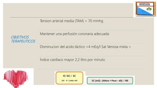 OBJETIVOS
TERAPEUTICOS
Tension arterial media (TAM) > 70 mmhg
Mantener una perfusión coronaria adecuada
Disminucion del acido láctico <4 mEq/l Sat Venosa mixta >
Índice cardiaco mayor 2,2 litro por minuto
 