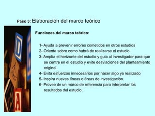 Paso 3: Elaboración del marco teórico 
Funciones del marco teórico: 
1- Ayuda a prevenir errores cometidos en otros estudios 
2- Orienta sobre como habrá de realizarse el estudio. 
3- Amplía el horizonte del estudio y guia al investigador para que 
se centre en el estudio y evite desviaciones del planteamiento 
original. 
4- Evita esfuerzos innecesarios por hacer algo ya realizado 
5- Inspira nuevas líneas o áreas de investigación. 
6- Provee de un marco de referencia para interpretar los 
resultados del estudio. 
 