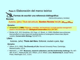 Paso 3: Elaboración del marco teórico 
Formas de escribir una referencia bibliográfica: 
(Varía entre países y revistas) 
Revista: 
Autores, (año): 
Título del artículo. 
Nombre Revista Vol.(#): 
ppinicial-ppfinal 
Ejemplos: 
 Simberloff, D. 
(1988): 
Flagships, umbrellas, and keystones: Is single-species management 
passé in the landscape era? Biological Conservation Conserrvattiion 83(3): 
247-257. 
Autores 
 Richter, A.R., S.R. Humphrey, J.B. Cope, y V. Brack, Jr. (1993): Modified cave entrances: 
thermal effect on body mass and resulting decline of endangered Indiana bats (Myotis 
sodalis). Conservation Biology 7(2):407-415. 
Libro: 
Autores, (año): Título del libro. Editorial, ciudad o país, #pp 
Ejemplos: 
 Wilson, E.O. (1992): The Diversity of Life. Harvard University Press, Cambridge, 
Massachusetts, U.S.A. 
 Mehrhoff, L.J. 1997. Museums, research collections, and the biodiversity challenge. Pp: 447- 
465, En M. L. Reaka-Kudla, D.E. Wilson, y E.O. Wilson, (eds). Biodiversity II. Joseph Henry 
Press, Washington, D.C., U.S.A. 
 