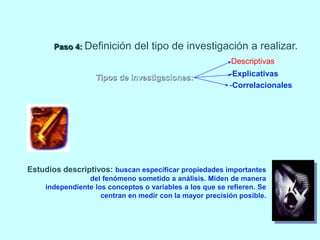 Paso 4: Definición del tipo de investigación a realizar. 
Descriptivas 
Tipos de investigaciones: -Explicativas 
-Correlacionales 
Estudios descriptivos: buscan especificar propiedades importantes 
del fenómeno sometido a análisis. Miden de manera 
independiente los conceptos o variables a los que se refieren. Se 
centran en medir con la mayor precisión posible. 
 