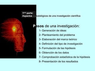 1era parte: 
Aspectos metodológicos de una investigación científica 
Pasos de una investigación: 
1- Generación de ideas 
2- Planteamiento del problema 
3- Elaboración del marco teórico 
4- Definición del tipo de investigación 
5- Formulación de las hipótesis 
6- Obtención de los datos 
7- Comprobación estadística de la hipótesis 
8- Presentación de los resultados 
 