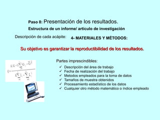 Paso 8: Presentación de los resultados. 
Estructura de un informe/ artículo de investigación 
Descripción de cada acápite: 
4- MATERIALES Y MÉTODOS: 
Su objetivo es garantizar la reproductibilidad de los resultados. 
Partes imprescindibles: 
 Descripción del área de trabajo 
 Fecha de realización del trabajo 
 Metodos empleados para la toma de datos 
 Tamaños de muestra obtenidos 
 Procesamiento estadístico de los datos 
 Cualquier otro método matemático o índice empleado 
 