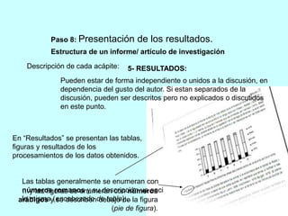 Paso 8: Presentación de los resultados. 
Estructura de un informe/ artículo de investigación 
Descripción de cada acápite: 
5- RESULTADOS: 
Pueden estar de forma independiente o unidos a la discusión, en 
dependencia del gusto del autor. Si estan separados de la 
discusión, pueden ser descritos pero no explicados o discutidos 
en este punto. 
En “Resultados” se presentan las tablas, 
figuras y resultados de los 
procesamientos de los datos obtenidos. 
Las tablas generalmente se enumeran con 
números romanos y su descripción va encima de 
la misma (encabezado de tabla)… 
…y las figuras se enumeran con números 
arábigos y se describen debajo de la figura 
(pie de figura). 
 