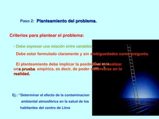 Paso 2: Planteamiento del problema. 
Criterios para plantear el problema: 
- Debe expresar una relación entre variables. 
- Debe estar formulado claramente y sin ambiguedades como pregunta. 
Ej.: ¿Que efecto…? ¿En que condiciones…? ¿Cual es la 
- El planteamiento debe implicar la posibilidad de realizar 
una prueba probabilidad empírica, de …? es ¿Como decir, se de relaciona poder … observarse con …? 
en la 
realidad. 
Ej.: “Determinar el efecto de la contaminacion 
ambiental atmosférica en la salud de los 
habitantes del centro de Lima 
 
