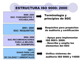 9001: 2000 SGC: REQUISITOS 9000: 2000 SGC: FUNDAMENTOS Y VOCABULARIO 19011: GUIAS PARA LAS AUDITORIAS DE CALIDAD Y AMBIENTALES 9004: 2000 SGC:RECOMENDACIONES PARA LA MEJORA  DEL DESEMPEÑO Terminología y  principios de SGC Requisitos para propósitos de auditoria y certificación - Apoyo para implementar ISO 9001: 2000. - Describe y amplia los  elementos del SGC Unifica sistemas de- auditoria ISO 9000 y 14000   ESTRUCTURA ISO 9000: 2000 