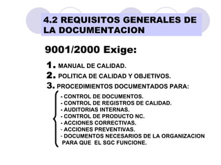 4.2 REQUISITOS GENERALES DE  LA DOCUMENTACION 1.  MANUAL DE CALIDAD. 2.  POLITICA DE CALIDAD Y OBJETIVOS. 3.  PROCEDIMIENTOS DOCUMENTADOS PARA: - CONTROL DE DOCUMENTOS. - CONTROL DE REGISTROS DE CALIDAD. - AUDITORIAS INTERNAS. - CONTROL DE PRODUCTO NC. - ACCIONES CORRECTIVAS. ACCIONES PREVENTIVAS. DOCUMENTOS NECESARIOS DE LA ORGANIZACION PARA QUE  EL SGC FUNCIONE. 9001/2000 Exige: 