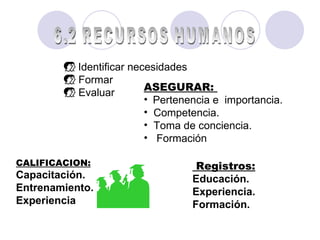 6.2 RECURSOS HUMANOS Identificar necesidades Formar Evaluar ASEGURAR:  Pertenencia e  importancia. Competencia. Toma de conciencia. Formación  Registros:  Educación. Experiencia. Formación.  CALIFICACION: Capacitación. Entrenamiento. Experiencia 
