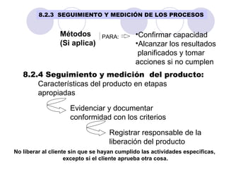 Métodos (Si aplica) Confirmar capacidad Alcanzar los resultados planificados y tomar  acciones si no cumplen 8.2.4 Seguimiento y medición  del producto: Características del producto en etapas apropiadas  Evidenciar y documentar  conformidad con los criterios Registrar responsable de la  liberación del producto PARA: No liberar al cliente sin que se hayan cumplido las actividades especificas,  excepto si el cliente aprueba otra cosa. 8.2.3  SEGUIMIENTO Y MEDICIÓN DE LOS PROCESOS 