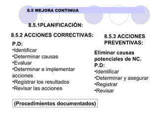 8.5.1PLANIFICACIÓN: 8.5.2 ACCIONES CORRECTIVAS: P.D:   Identificar Determinar causas Evaluar Determinar e implementar acciones Registrar los resultados Revisar las acciones 8.5.3 ACCIONES  PREVENTIVAS: Eliminar causas  potenciales de NC. P.D: Identificar Determinar y asegurar Registrar Revisar (Procedimientos documentados) 8.5 MEJORA CONTINUA 
