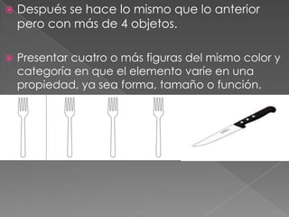    Después se hace lo mismo que lo anterior
    pero con más de 4 objetos.

   Presentar cuatro o más figuras del mismo color y
    categoría en que el elemento varíe en una
    propiedad, ya sea forma, tamaño o función.
 