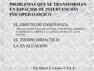 Psp. Héctor A. Cáceres U.N.L.Z.
PROBLEMAS QUE SE TRANSFORMAN
EN ESPACIOS DE INTERVENCIÓN
PSICOPEDAGOGICO
EL OBJETO DE ENSEÑANZA
–PRACTICAS SOCIALES DE LECTURA Y ESCRITURA. SIGNIFICA
NO REDUCIR EL OBJETO A LA LENGUA ESCRITA O A LOS
TEXTOS.
EL TIEMPO DIDACTICO.
LA EVALUACIÓN
 
