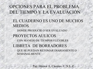 Psp. Héctor A. Cáceres U.N.L.Z.
OPCIONES PARA EL PROBLEMA
DEL TIEMPO Y LA EVALUACIÓN
EL CUADERNO ES UNO DE MUCHOS
MEDIOS
– DONDE PRODUCIR O SER EVALUADO
PROYECTOS AULICOS
– CON MANEJO DE TIEMPOS FLEXIBLES
LIBRETA DE BORRADORES
– QUE SE PUEDAN RETOMAR DIARIAMENTE O
SEMANALMENTE
 