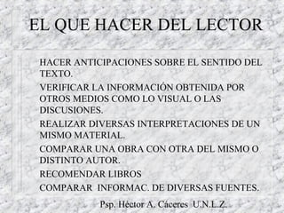 Psp. Héctor A. Cáceres U.N.L.Z.
EL QUE HACER DEL LECTOR
HACER ANTICIPACIONES SOBRE EL SENTIDO DEL
TEXTO.
VERIFICAR LA INFORMACIÓN OBTENIDA POR
OTROS MEDIOS COMO LO VISUAL O LAS
DISCUSIONES.
REALIZAR DIVERSAS INTERPRETACIONES DE UN
MISMO MATERIAL.
COMPARAR UNA OBRA CON OTRA DEL MISMO O
DISTINTO AUTOR.
RECOMENDAR LIBROS
COMPARAR INFORMAC. DE DIVERSAS FUENTES.
 