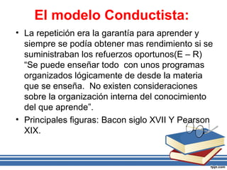 El modelo Conductista:
• La repetición era la garantía para aprender y
siempre se podía obtener mas rendimiento si se
suministraban los refuerzos oportunos(E – R)
“Se puede enseñar todo con unos programas
organizados lógicamente de desde la materia
que se enseña. No existen consideraciones
sobre la organización interna del conocimiento
del que aprende”.
• Principales figuras: Bacon siglo XVII Y Pearson
XIX.
 