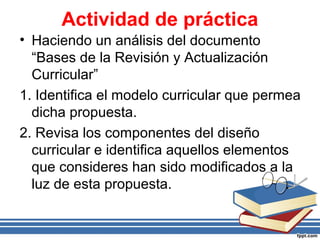Actividad de práctica
• Haciendo un análisis del documento
“Bases de la Revisión y Actualización
Curricular”
1. Identifica el modelo curricular que permea
dicha propuesta.
2. Revisa los componentes del diseño
curricular e identifica aquellos elementos
que consideres han sido modificados a la
luz de esta propuesta.
 