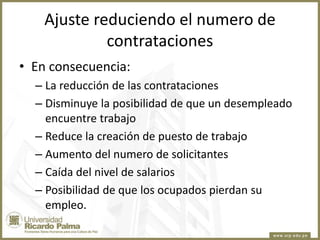 Ajuste reduciendo el numero de
contrataciones
• En consecuencia:
– La reducción de las contrataciones
– Disminuye la posibilidad de que un desempleado
encuentre trabajo
– Reduce la creación de puesto de trabajo
– Aumento del numero de solicitantes
– Caída del nivel de salarios
– Posibilidad de que los ocupados pierdan su
empleo.

 
