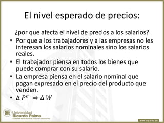 El nivel esperado de precios:
•
•
•
•

¿por que afecta el nivel de precios a los salarios?
Por que a los trabajadores y a las empresas no les
interesan los salarios nominales sino los salarios
reales.
El trabajador piensa en todos los bienes que
puede comprar con su salario.
La empresa piensa en el salario nominal que
pagan expresado en el precio del producto que
venden.
∆ 𝑃𝑒 ⇒∆ 𝑊

 