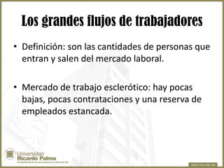 Los grandes flujos de trabajadores
• Definición: son las cantidades de personas que
entran y salen del mercado laboral.
• Mercado de trabajo esclerótico: hay pocas
bajas, pocas contrataciones y una reserva de
empleados estancada.

 