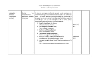 Escuela Normal Superior De Villahermosa
Didáctica delIdioma >extranjero
evaluación
Dinámica
“explotando
bombas”
Evaluar los
conocimientos
adquiridos durante
la jornada
El docente entrega una bomba a cada pareja previamente
conformada,luegovadando órdenes de acuerdoa los comandos
vistos y los niños seguirán las instrucciones, por último, van a
abrazarse fuerte y a reventarlabomba, de allí saldrá un papelito
enrollado que será la evaluación (Anexo d) en binas, allí se
encuentra la descripción de la actividad a realizar.
 Now let's evaluate the theme
Ahoraevaluemosel tema
 You are goingto work in pairs
Vana trabajaren parejas
 Each one will have a balloon
Cada unotendráun globo
 You have to followinstructions
Tienesque seguirlasinstrucciones
 Now you can hug and explode the balloon
Ahora puedes abrazar y explotar el globo
 you are going to draw five of the commands seen in
class
Vas a dibujar cinco de los comandos vistos en clase
7 minutes
W-C
7 minutes
G-W
 