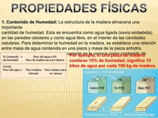 PROPIEDADES FÍSICAS1. Contenido de Humedad: La estructura de la madera almacena una importantecantidad de humedad. Esta se encuentra como agua ligada (savia embebida) en las paredes celulares y como agua libre, en el interior de las cavidades celulares. Para determinar la humedad en la madera, se establece una relación entre masa de agua contenida en una pieza y masa de la pieza anhidra, expresada en porcentaje. A este cociente se le conoce como contenido de humedad.Por ejemplo, si una pieza de madera contiene 15% de humedad, significa 15 kilos de agua por cada 100 kg de madera.